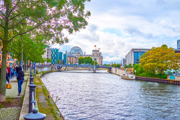 BERLIN, GERMANY - OCTOBER 3, 2019: The view on Spree river, the main water thoroughfare in the...