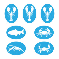 Set of the seafood flat icons on white background , lobster , fish and shrimp vector silhouettes