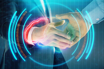 Multi exposure of human brain drawing on abstract background with two men handshake. Concept of data technology in business