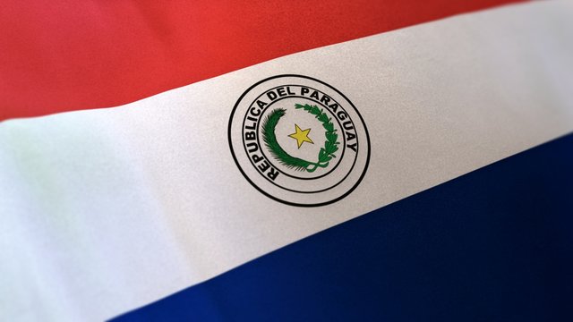 3D rendering of the national flag of Paraguay waving in the wind. The banner/emblem is made of realistic satin texture and rendered in a daylight situation. 