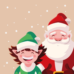 santa claus and elf with hat on winter landscape