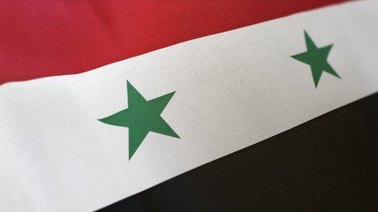 3D rendering of the national flag of Syria waving in the wind. The banner/emblem is made of realistic satin texture and rendered in a daylight situation. 