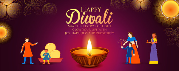 illustration of Indian people celebrating on Happy Diwali Hindu Holiday background for light festival of India