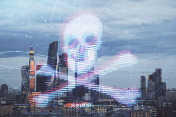 Double exposure of hacking theme drawing hologram on cityscape background. Concept of data cyber piracy