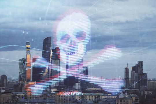 Double exposure of hacking theme drawing hologram on cityscape background. Concept of data cyber piracy