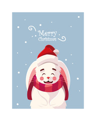 rabbit in winter landscape label merry christmas