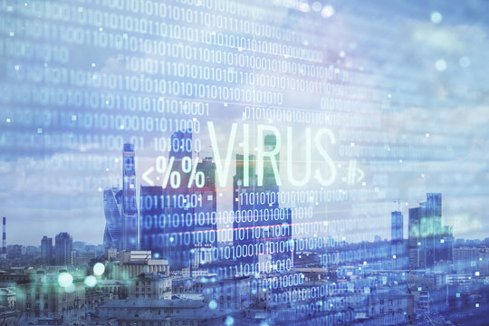 Double exposure of hacking theme drawing hologram on cityscape background. Concept of data cyber piracy