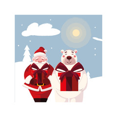 santa claus and polar bear with gift box in winter landscape