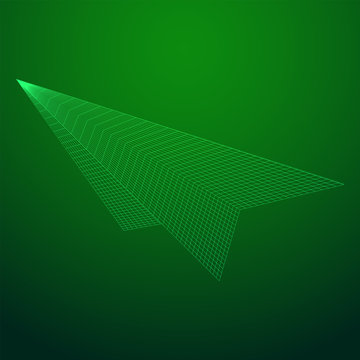 Paper plane flying. Abstract image of a aircraft origami. Wireframe low poly mesh vector illustration