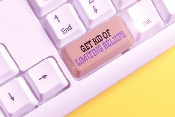 Text sign showing Get Rid Of Limiting Beliefs. Business photo text remove negative beliefs and think positively White pc keyboard with empty note paper above white background key copy space