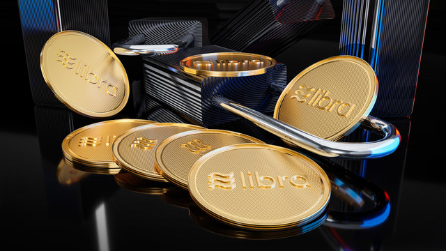 Golden crypto currency libra coins lie on dark background with digitial padlocks. Symbolizes the security of crypto currencies in the network. 3D render model concept. 20 october 2019, Wrocław.Poland.