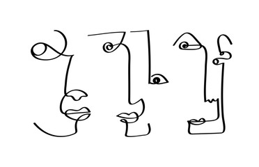 Set of abstract face one line drawing. Portrait minimalistic style. Fine one line drawing abstract face. One line drawing abstract faces. Modern continuous line art