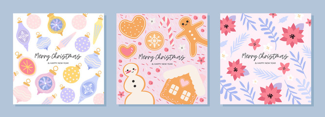 Fototapeta na wymiar Christmas or new year greeting card collection with different floral elements and christmas tree decorations. Winter theme greeting post card or invitation to a party. Cute pink and blue vector set.