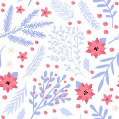 Christmas and happy year seamless pattern with floral botanical decorations that can be used for wrapping paper, wallpaper, fabric, packaging, textile print background design. Vector illustration.