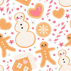 Vector illustration of different christmas homemade ginger cookies and sweets. Seamless pattern design for wrapping paper, fabric, packaging, textile print background design.