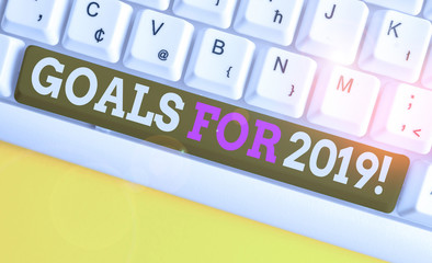 Conceptual hand writing showing Goals For 2019. Concept meaning object of demonstratings ambition or effort aim or desired result White pc keyboard with note paper above the white background