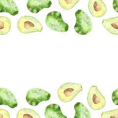 watercolor avocado frame located at the edges on an isolated white background.