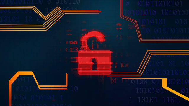 Cyber security. Red opened padlock lock on digital screen