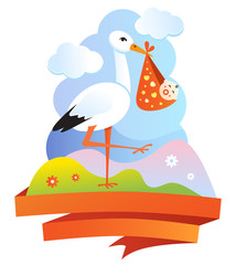 Cute baby background with stork. Stork  with baby in cartoon style  on blue background 