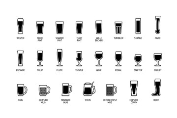 Beer glasses with titles, black and white icons. Vector