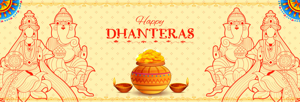 illustration of God Lakshmi and Ganesha for Dhantera celebration on Happy Diwali light festival of India background