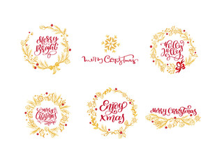 Set of Merry Christmas text and golden wreath, hand drawn lettering and Happy New Year typography design. Bundle For greeting card, invitation, poster, flyer, logo, emblem