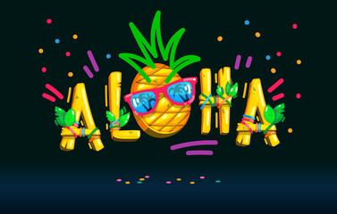 Aloha inscription pineapple face sunglasses color illustration on the dark  background