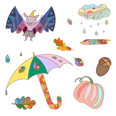 Autumn vector set of elements colorful leaves, acorns, umbrella with drops of water,puddle and clouds. Autumn is here. Good for stickers, logo, print.