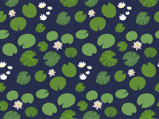 Seamless pattern with little green Lily pads and white Lotus flowers on a dark background. Floral print with aquatic plants. Botanical texture, overgrown pond vector Wallpaper. - 297348132