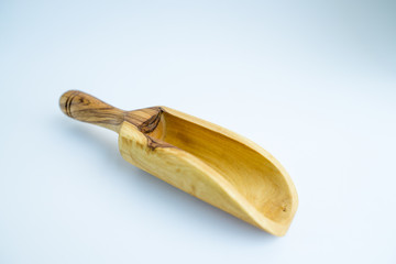 Traditional wood object wooden scoop or spoon isolated on a white background from various angle and top view