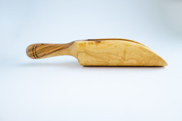 Traditional wood object wooden scoop or spoon isolated on a white background from various angle and top view