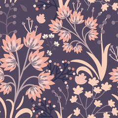 Seamless vector floral print. Decorative vintage pattern in classic style with flowers and twigs. Two tone ornament with different plants on smoky violet background. Aristocratic muted color palette.