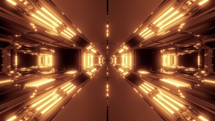 futuristic high reflective sci-fi space tunnel corridor 3d illustration wallpaper background glowing lights