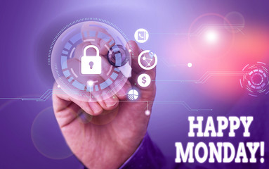 Text sign showing Happy Monday. Business photo showcasing telling that demonstrating order to wish him great new week Picture photo system network scheme modern technology smart device