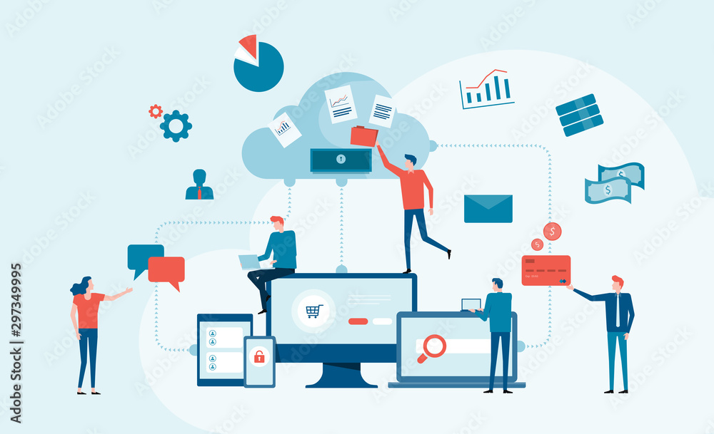 Poster business technology cloud computing service concept and with developer team working concept