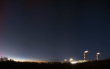 Wide view at industrial landscape at night