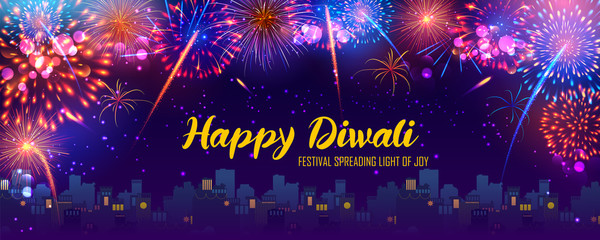 illustration of Firework on Indian cityscape for Happy Diwali Holiday background for light festival of India © vectomart