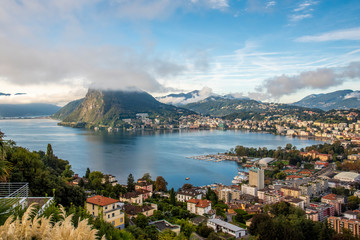 Fototapeta premium panoramic view of Lugano lake in Switzerland