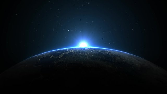Sunrise over earth as seen from space. With stars background. 3d realistic animation 4k