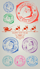 Christmas stamp with a face of a pleasant, cheerful Santa Claus, set