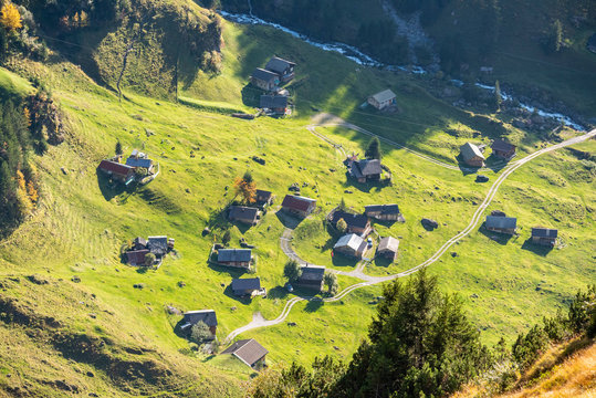 areal view of small village in the swiss Alps