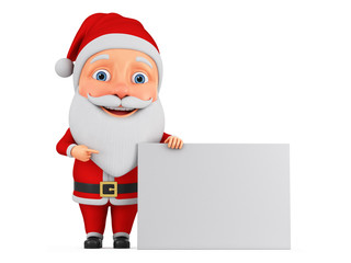 Cartoon character cheerful Santa Claus points to a blank board on a white background. 3d render illustration. Christmas illustration.