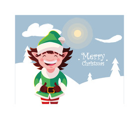 elf in winter landscape with label merry christmas