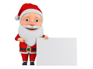 Cartoon character cheerful Santa Claus points to a blank board on a white background. 3d render illustration. Christmas illustration.