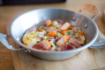 Pan-fried egg with many toppings