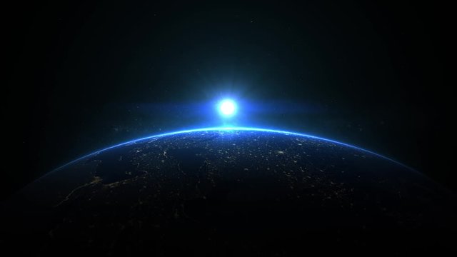 Sunrise over earth as seen from space. With stars background. 3d realistic animation 4k