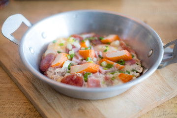 Pan-fried egg with many toppings