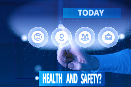 Text sign showing Health And Safety Question. Business photo showcasing regulations and procedures to prevent accident or injury Picture photo system network scheme modern technology smart device