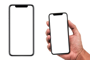 Studio shot of Smartphone iphoneX with blank white screen for Infographic Global Business Marketing investment Plan, mockup model similar to iPhone 11 Pro Max.