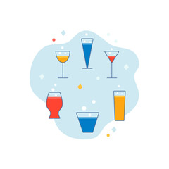 Set of different drink beverage glasses. Line style collection of stemware with color.